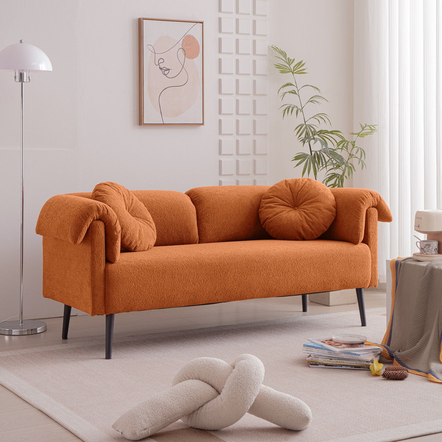 Modern Lamb Wool Sofa With Decorative Throw Pillows For Small Spaces - Orange