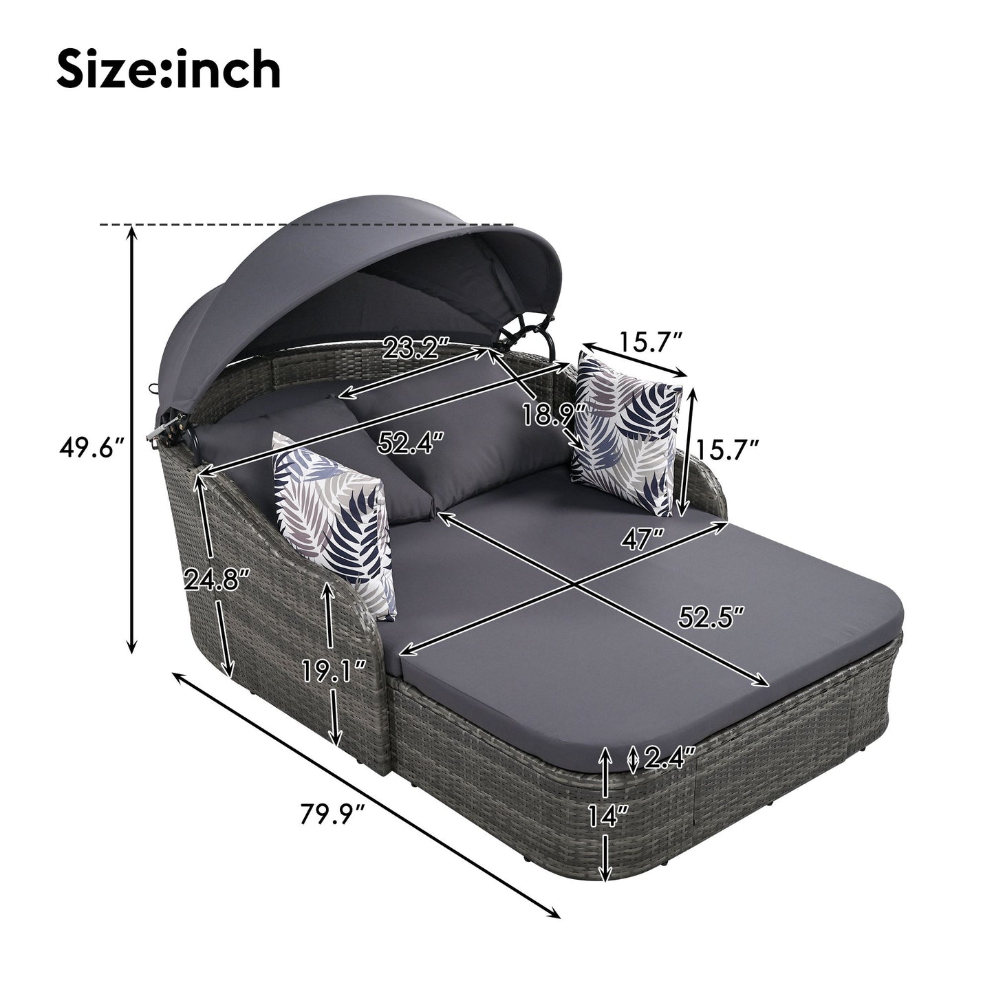 Outdoor Sunbed With Adjustable Canopy, Double Lounge, PE Rattan Daybed Wicker And Cushion - Gray