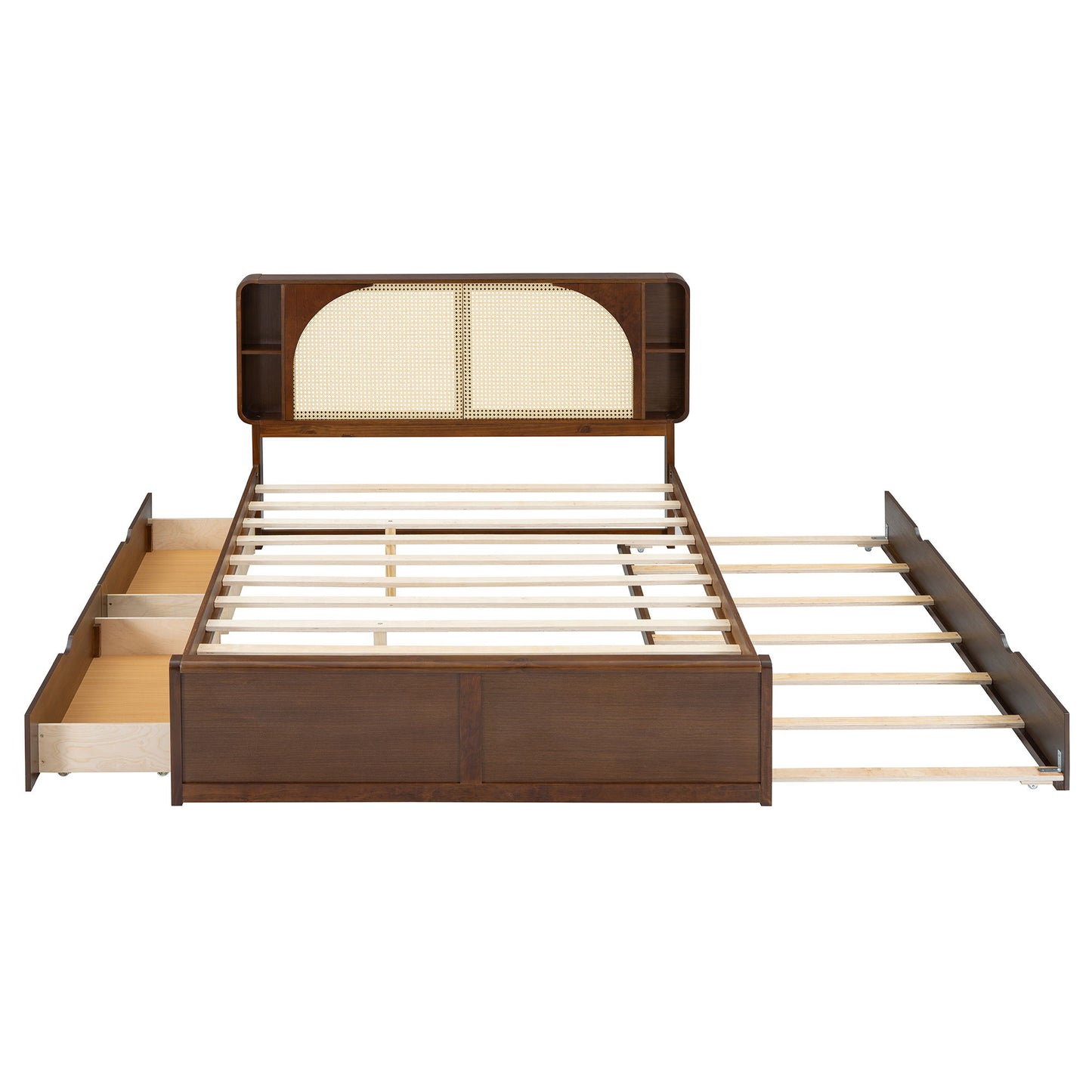 Queen Size Headboard Bed With 2 Drawers And Trundle Walnut