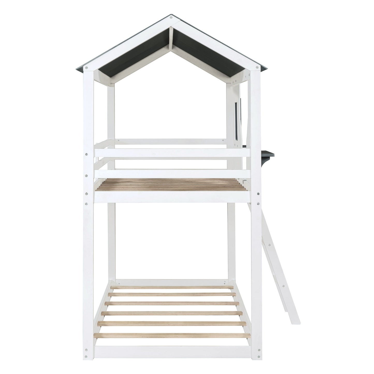 Twin Over Twin Bunk Bed Bed With Roof, Window, Guardrail, Ladder - White