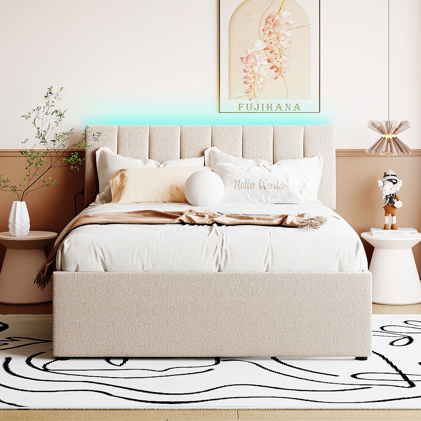 Full Size Upholstered Platform Bed With Twin Size Trundle - Beige