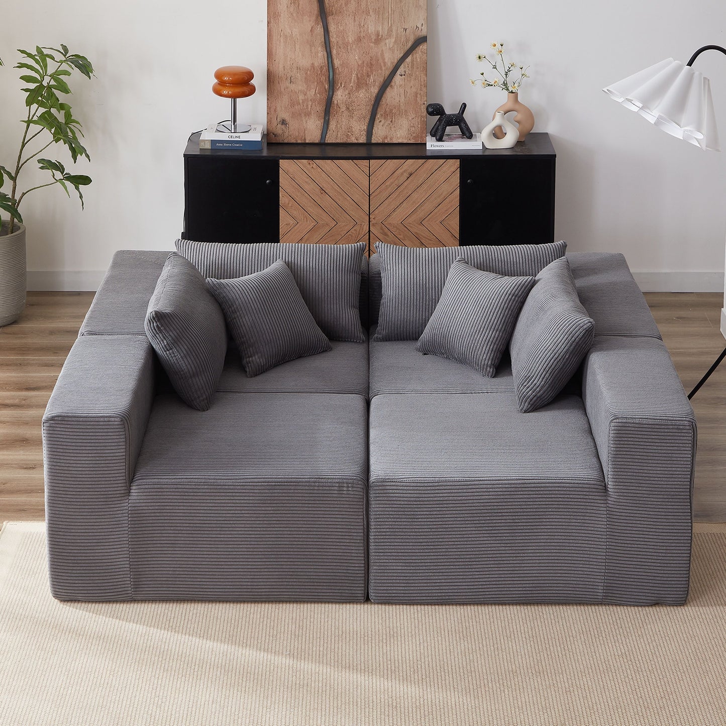 Corduroy Modular L Shaped Sectional Sofa, Luxury Floor Couch Set, 4 Piece Free Combination - Gray