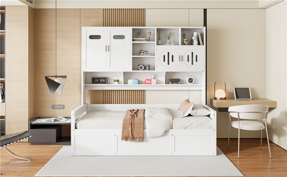 Twin Size Wooden Daybed With Hydraulic Bed And All In One Cabinet And Shelf - White