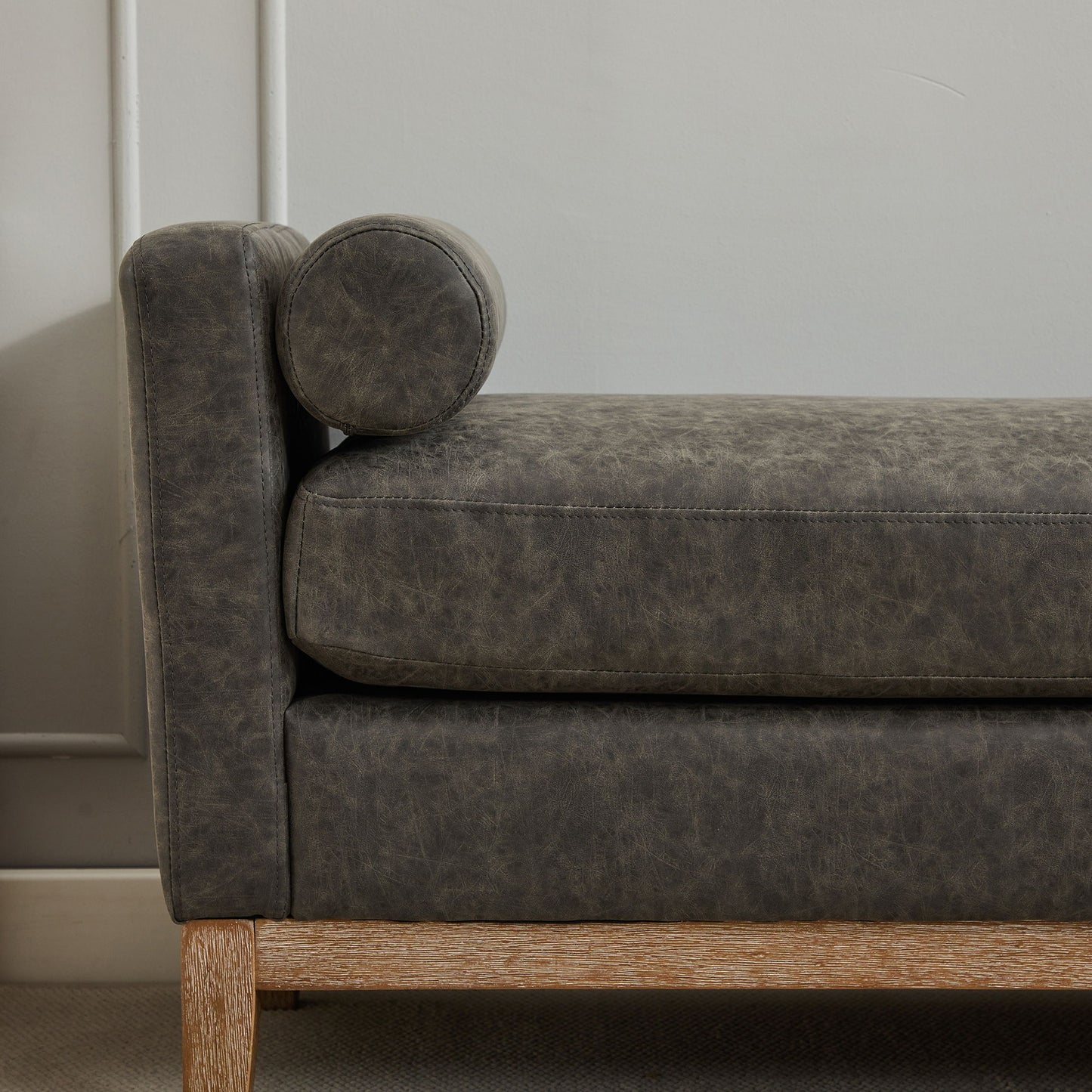 Elegant Upholstered Bench, Daybed, Ottman With Wood Legs & 2 Bolster Pillows For Bedroom, Living Room, Entryway - Gray
