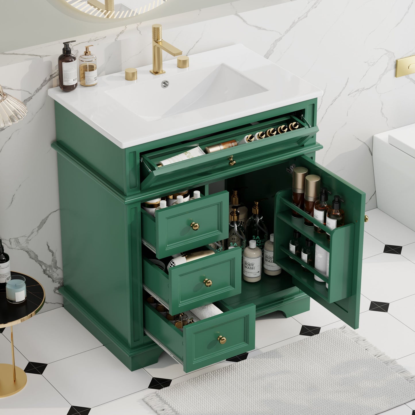 30" Bathroom Vanity With Sink, 1 Tip Out Drawer, 3 Drawers, Door Shelf, Soft Closing Door - Green