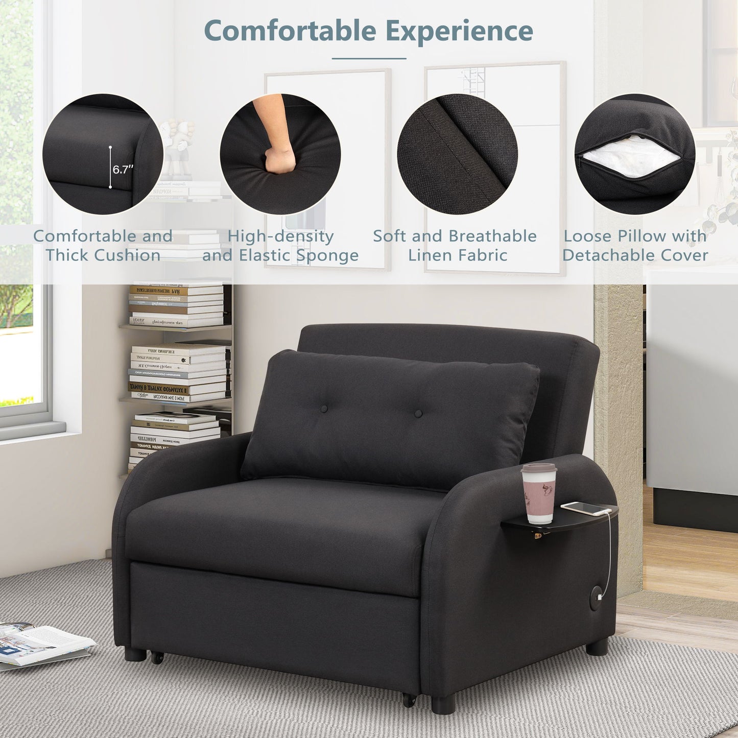 3 In 1 Pull Out Sofa Sleeper With Wing Table And USB Charge - Black