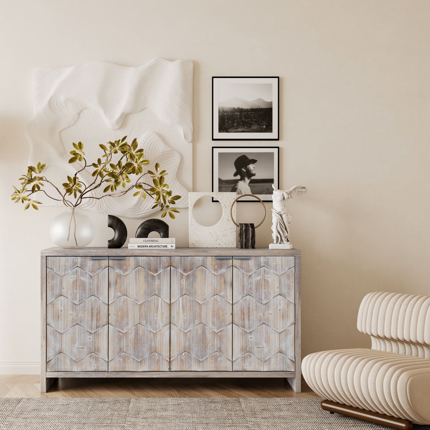 Accent Cabinet Farmhouse Style 4 Door Wooden Cabinet Sideboard Buffet Server Cabinet Storage Cabinet, For Living Room, Entryway, Hallway, Office, Kitchen And Dining Room - Natural Wood Wash