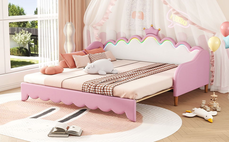 Twin Extending Daybed With LED Lights, Modern Upholstered Princess Daybed With Crown Headboard - Pink