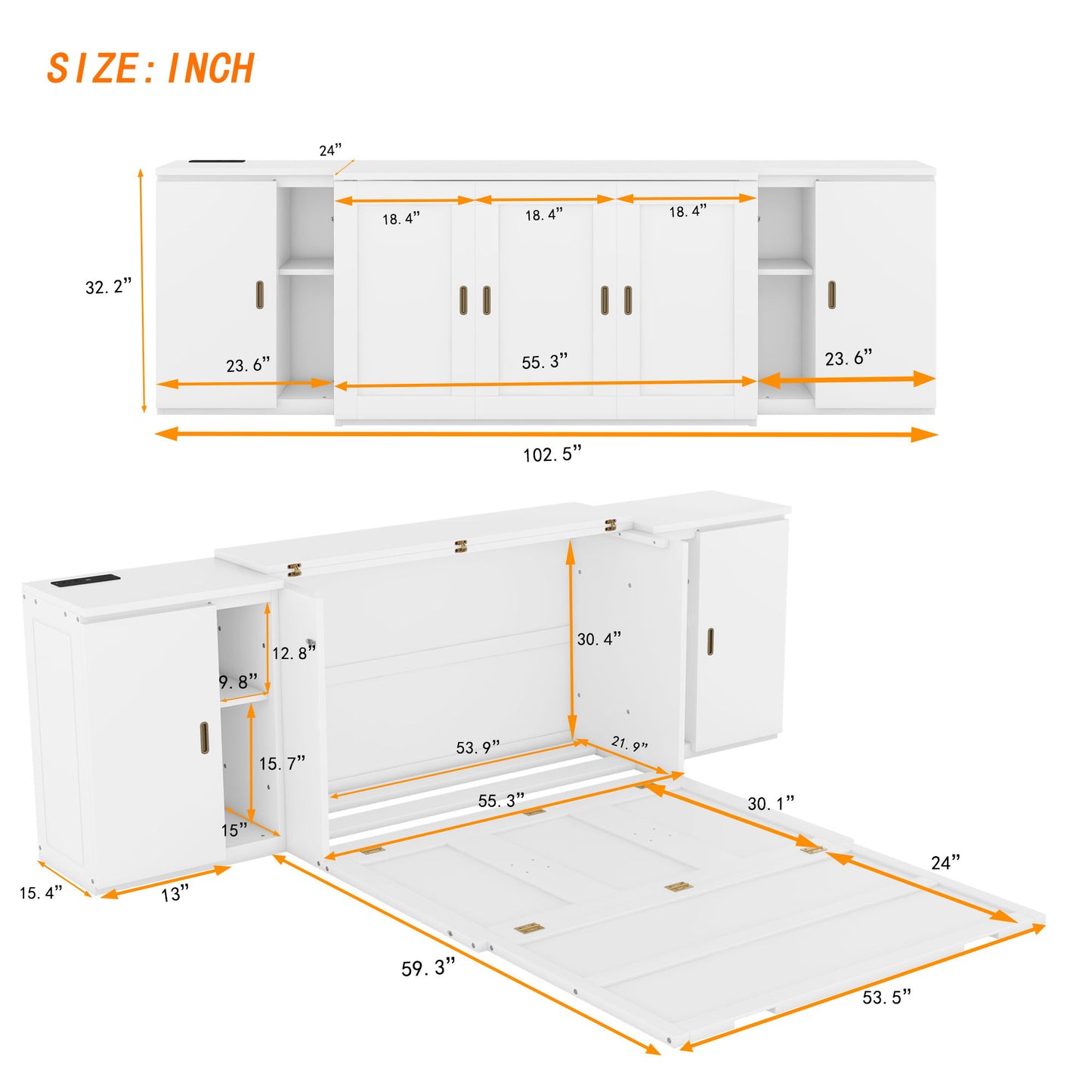Full Size Murphy Bed With Shelves, Cabinets And USB Ports - White