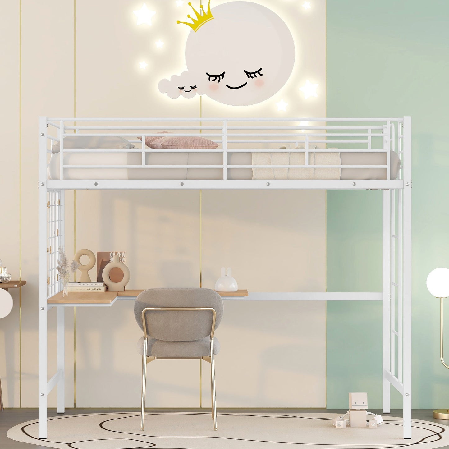 Twin Loft Bed With Desk And Grid - White