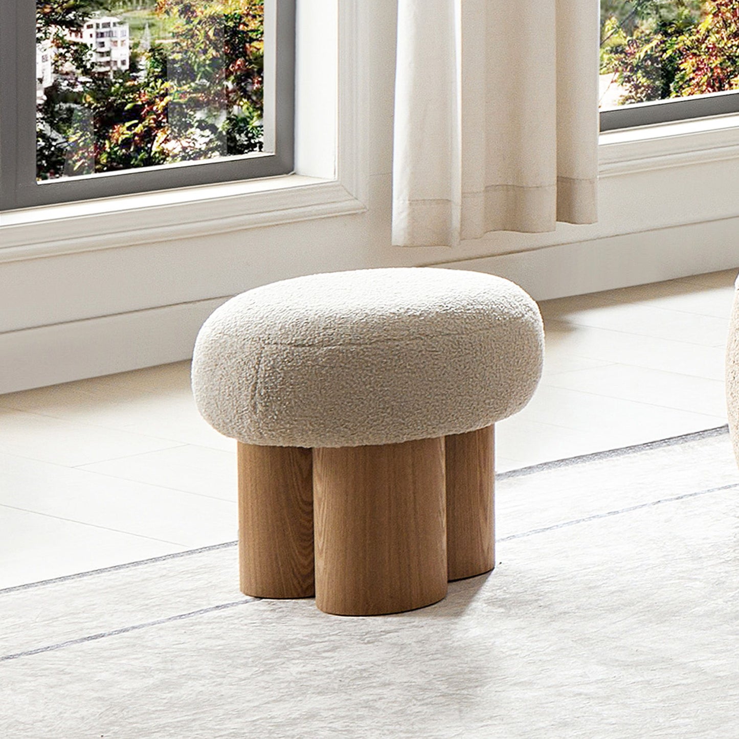 Mushroom Stool With Plush Cushion, Wooden Barrel Pipe - Greige / Walnut