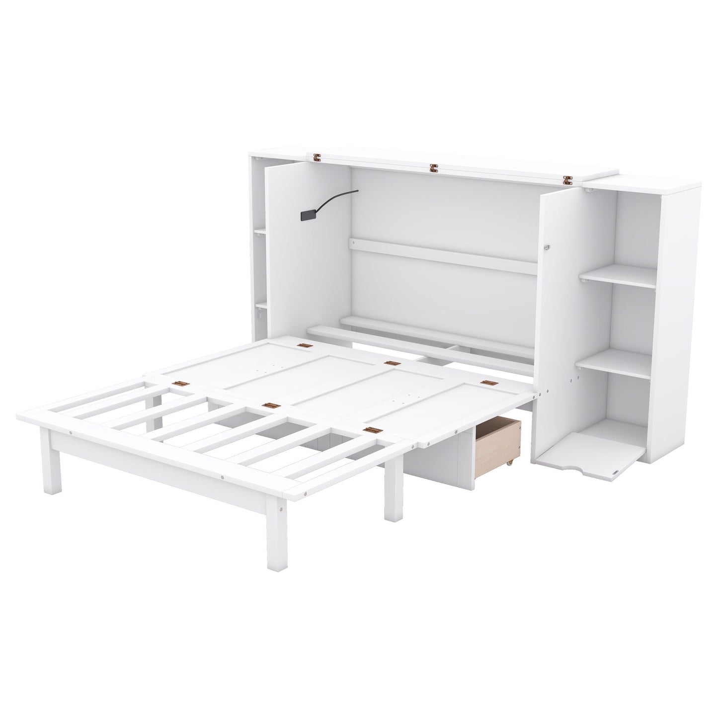 Full Size Murphy Bed With Shelves, Drawers And USB Ports - White