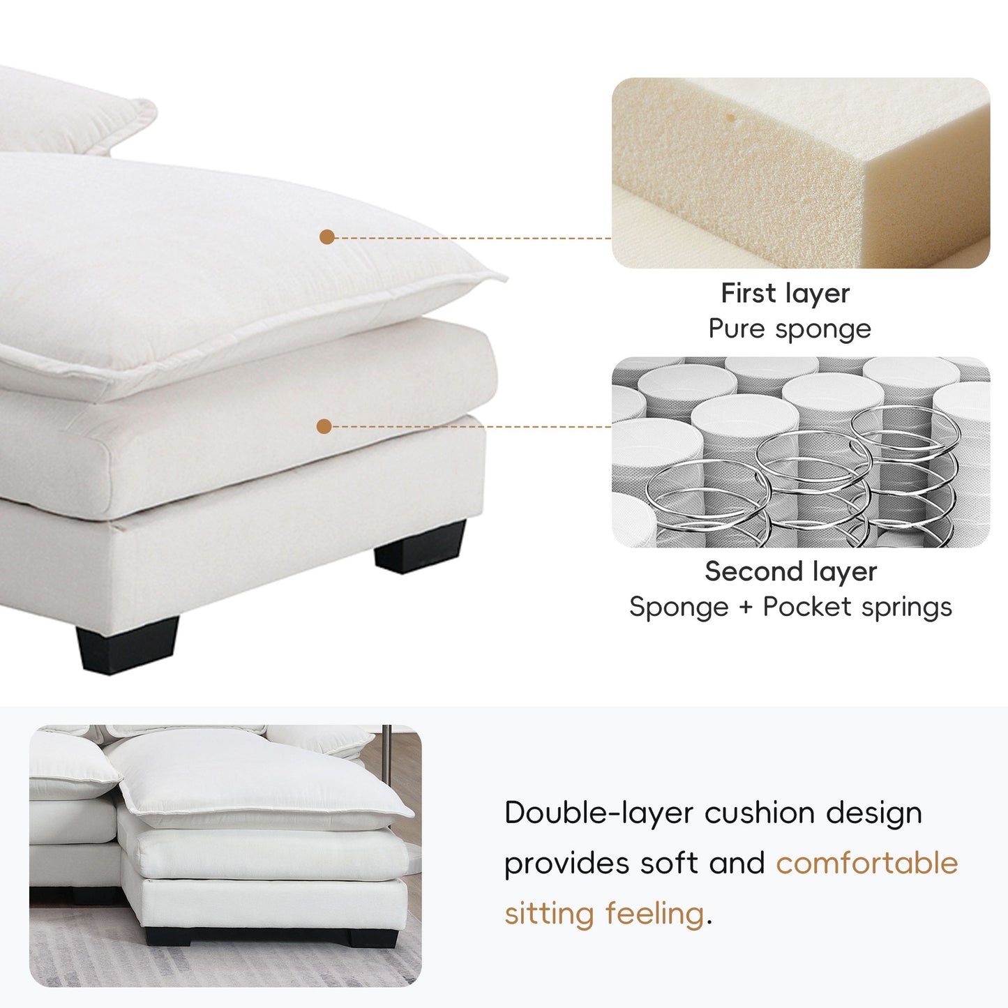 Modern U-Shaped Sectional Sofa With Waist Pillows, 6 Seat Upholstered Symmetrical Sofa Furniture, Sleeper Sofa Couch With Chaise Lounge - White