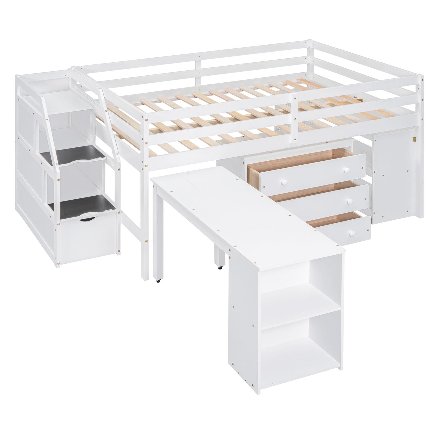 Full Size Loft Bed With Retractable Writing Desk And 3 Drawers With Storage Stairs And Shelves - White