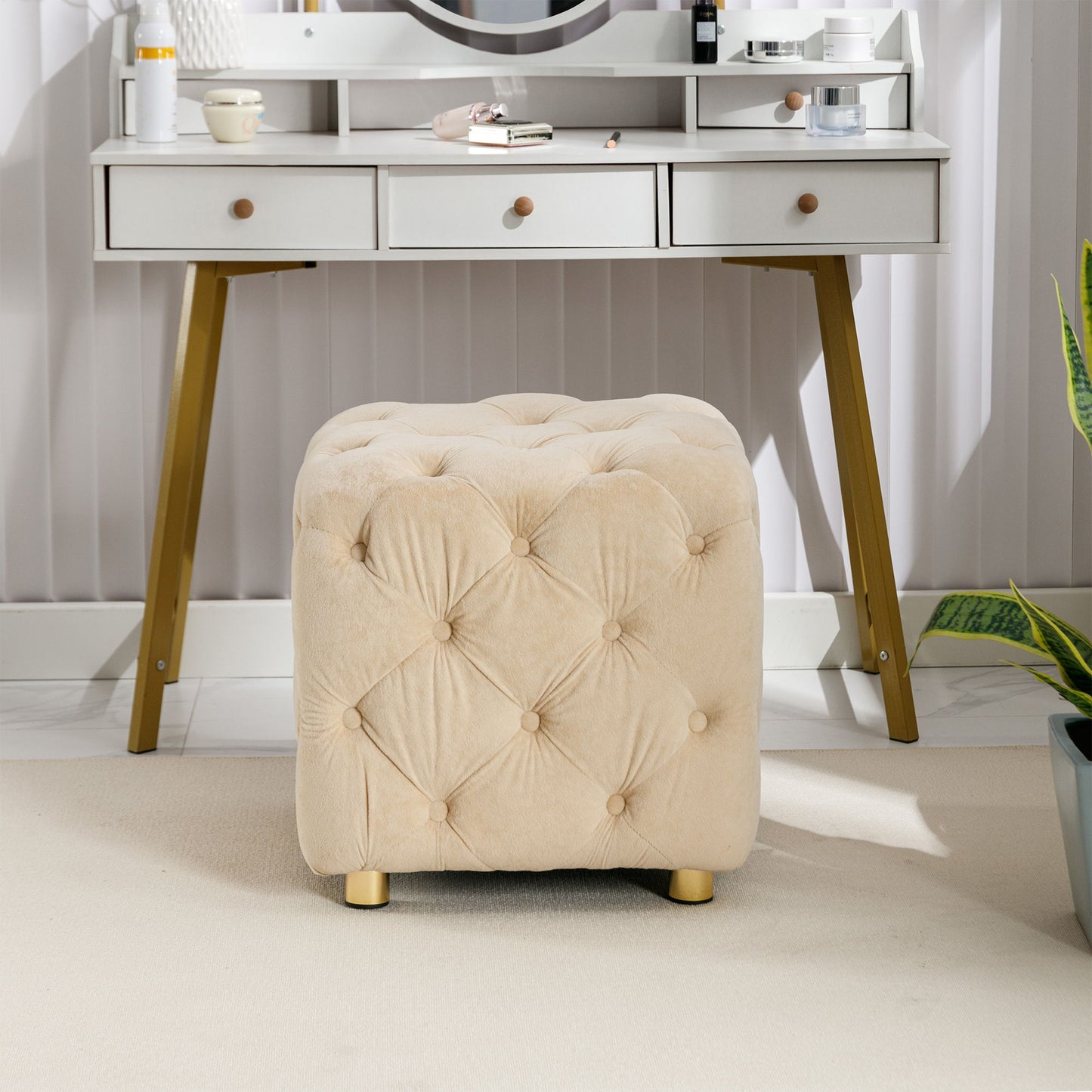 Modern Velvet Upholstered Ottoman, Exquisite Small End Table, Soft Foot Stool, Dressing Makeup Chair, Comfortable Seat For Living Room, Bedroom, Entrance - Beige