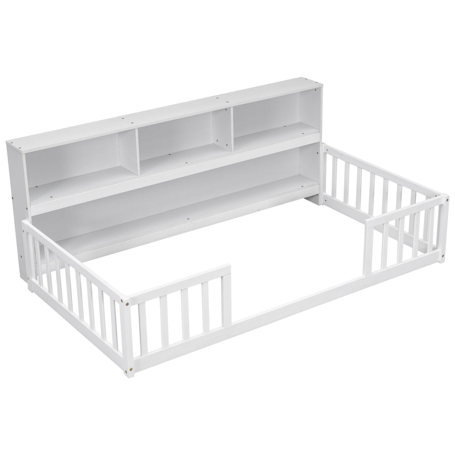 Twin Floor Bed With Bedside Bookcase, Shelves, Guardrails - White