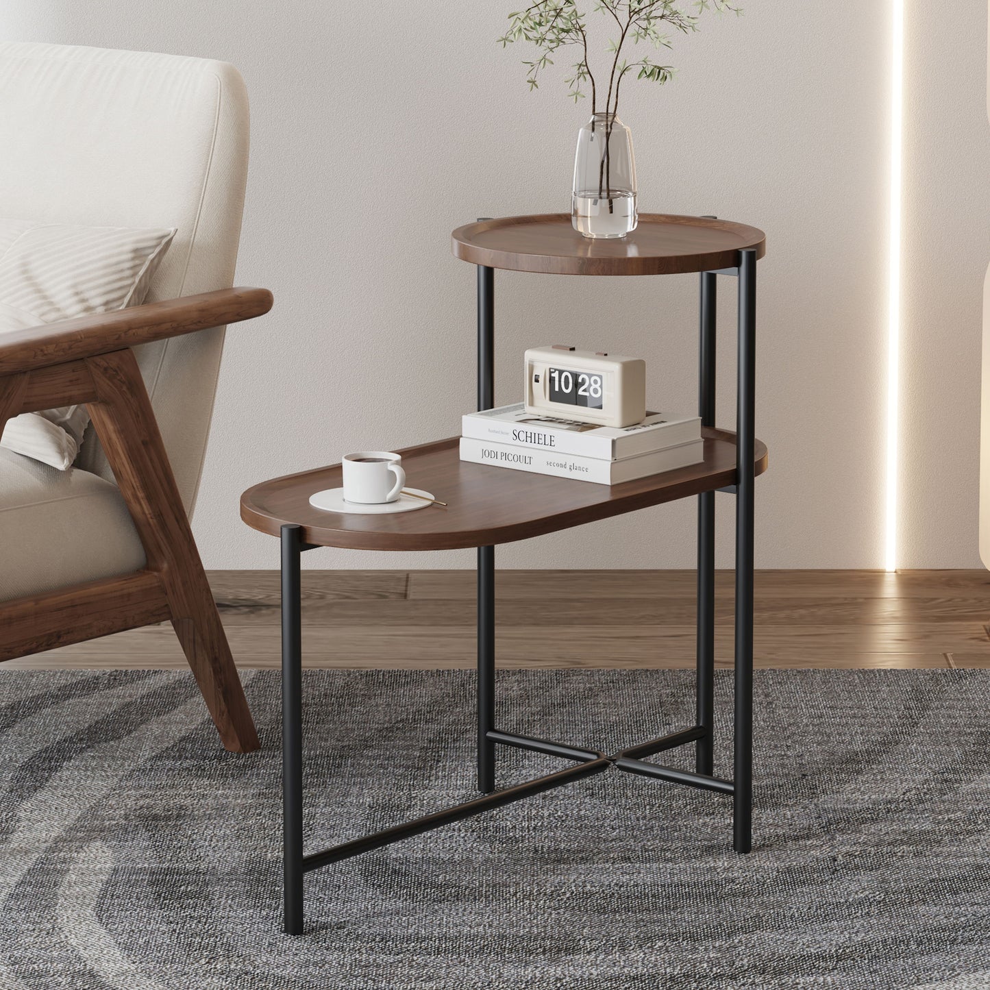 Small Coffee Tables 2 Tier Modern Sofa Side Table With Wood Storage Shelf Living Room End Tables Nightstands - Walnut Brown