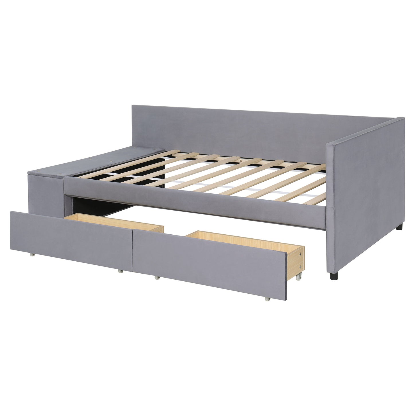 Twin L Shaped Upholstered Platform Bed With Storage Drawers - Gray