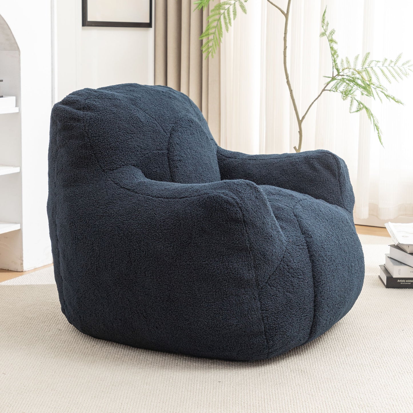 Comfy Bean Bag Chair With Filler, Tufted Memory Foam Sofa, Teddy Fabric, Fluffy And Cozy Seating For Dorm, Apartment, Or Living Room - Dark Blue