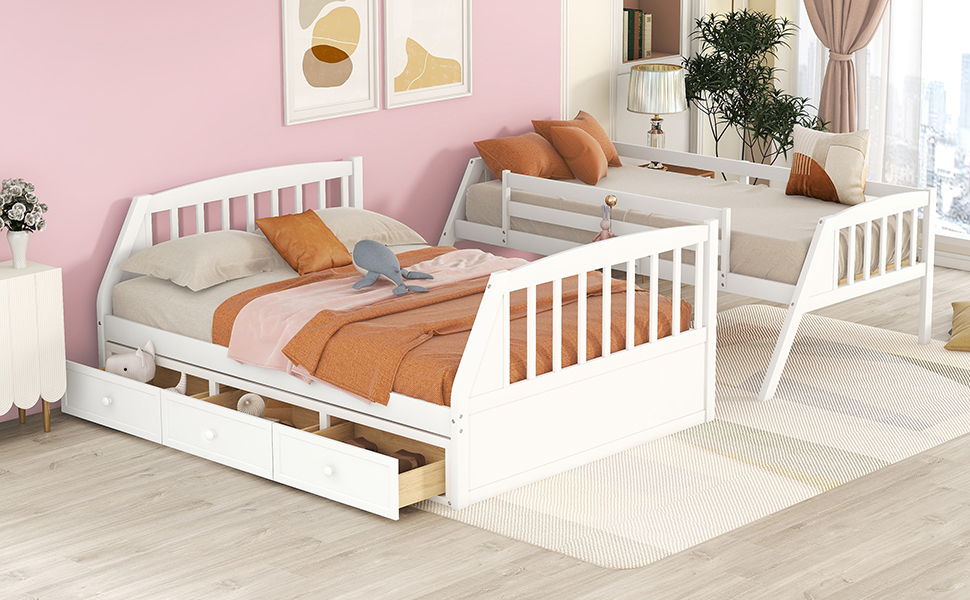 Twin Over Full Bunk Bed With Drawers, Ladder And Storage Staircase - White