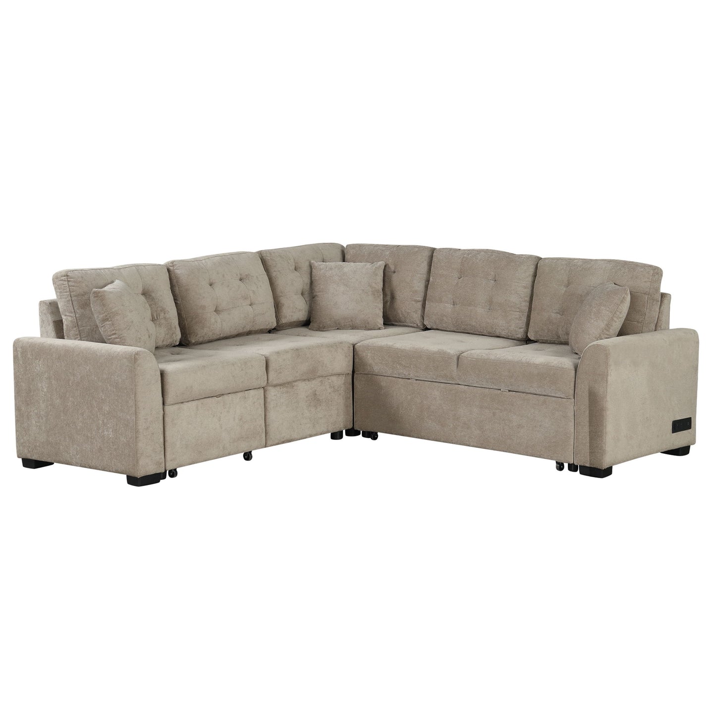 L-Shape Sofa Bed Pull-Out Sleeper Sofa With Wheels, USB Ports, Power Sockets For Living Room - Khaki