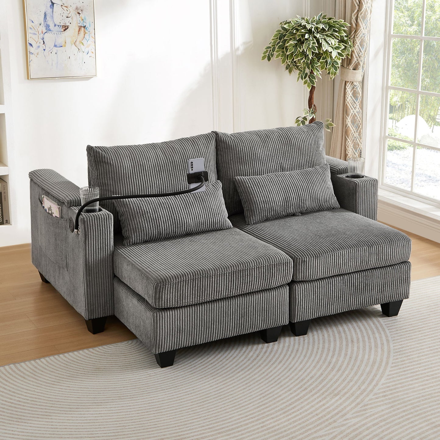 Convertible Chaise Lounge Loveseat Sofa Bed With USB Ports, Cup Holders, Phone Holder, Ample Storage - Gray