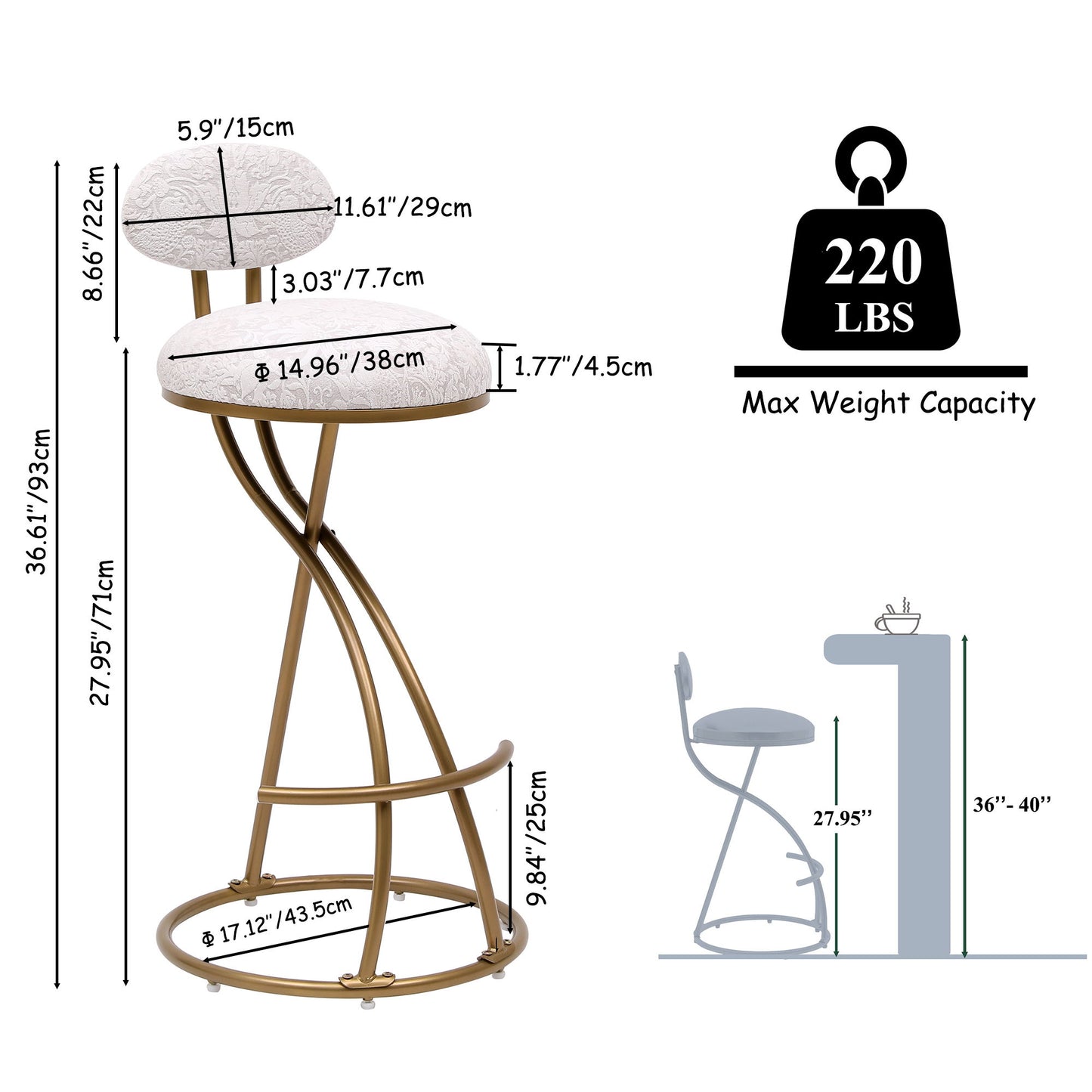 Modern S Shaped Bar Stools (Set of 2) With Backrest Floral Print Upholstered Dining Chairs Counter Height For Kitchen Island - Gold & White Print