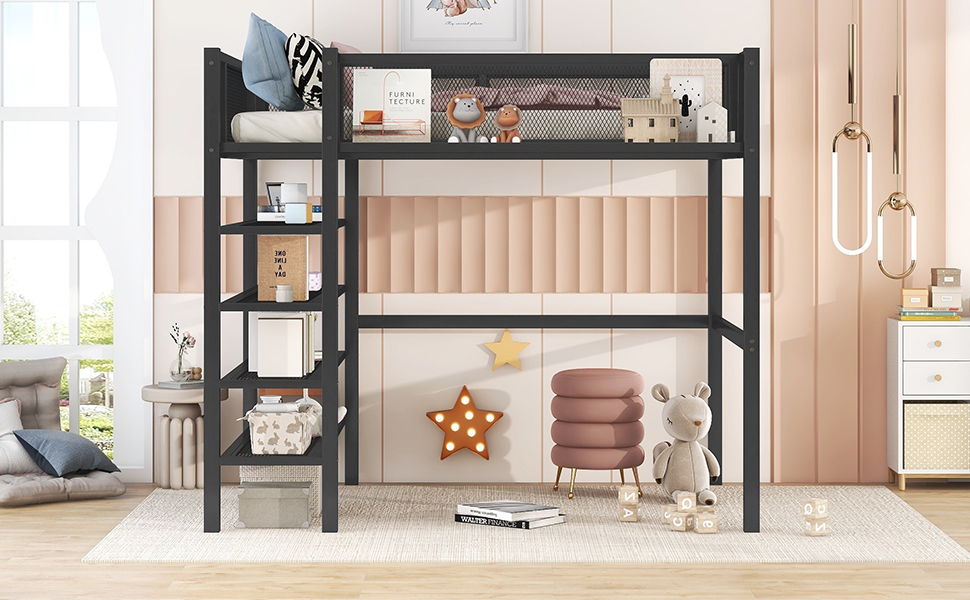 Twin Size Loft Bed With 4 Tier Shelves And Storage - Black