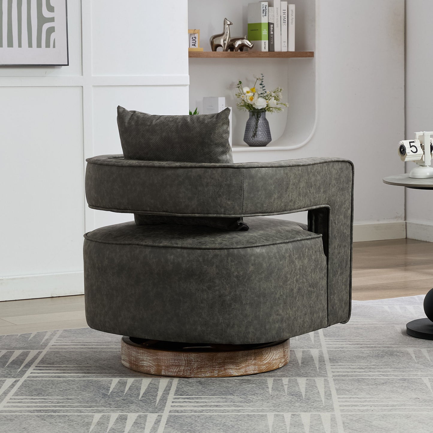 Swivel Accent Open Back Barrel Chair Modern Comfy Sofa Chair With Weathered Base For Living Room, Club Chair Leisure Arm Chair For Lounge - Gray