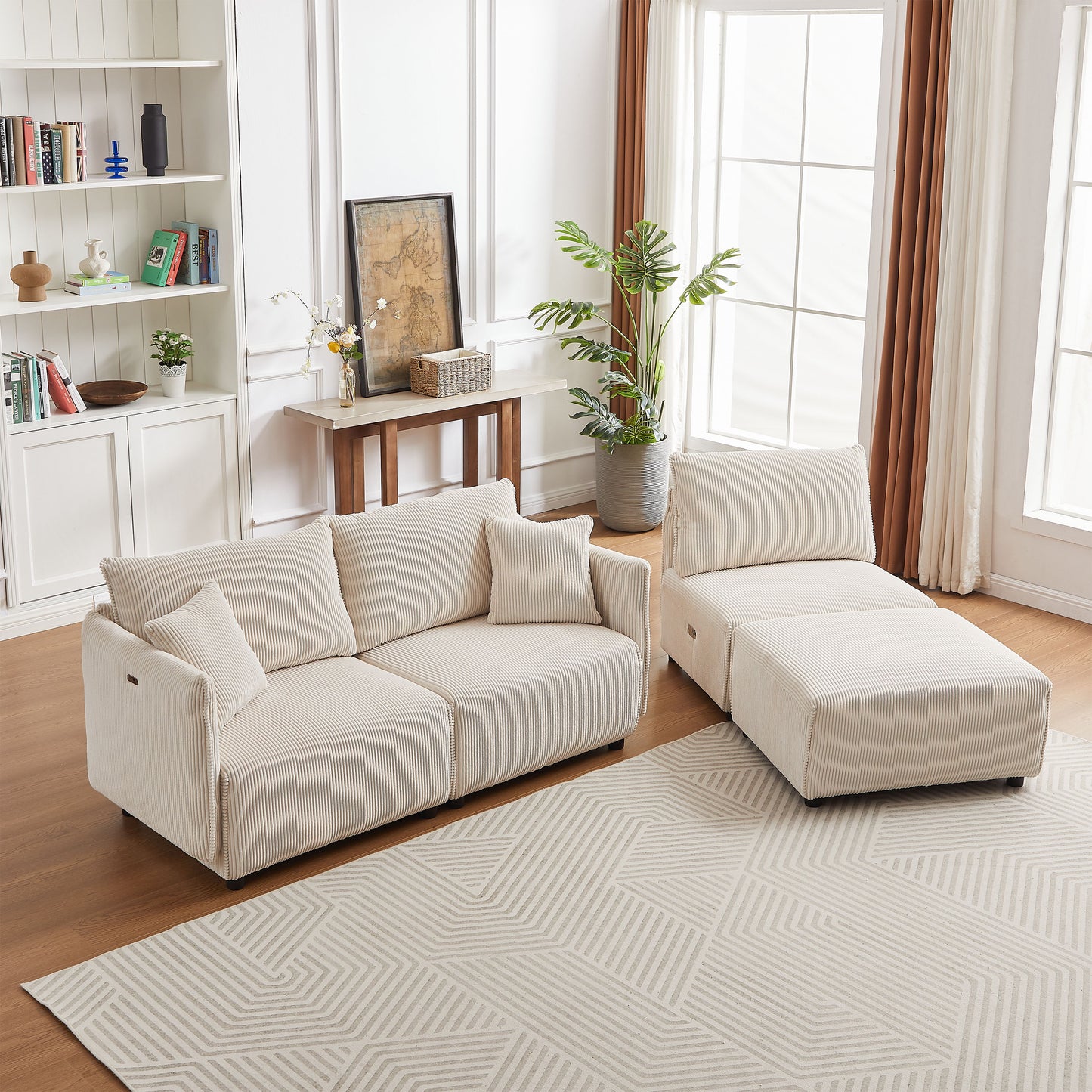 Multi Module Combination Style Sofa For Living Room And Other Lounge Spaces, Modern Minimalist Corduroy Combination Sofa With 2 Comfort Cushions With USB & C Charging Ports, 2 Sets - Beige