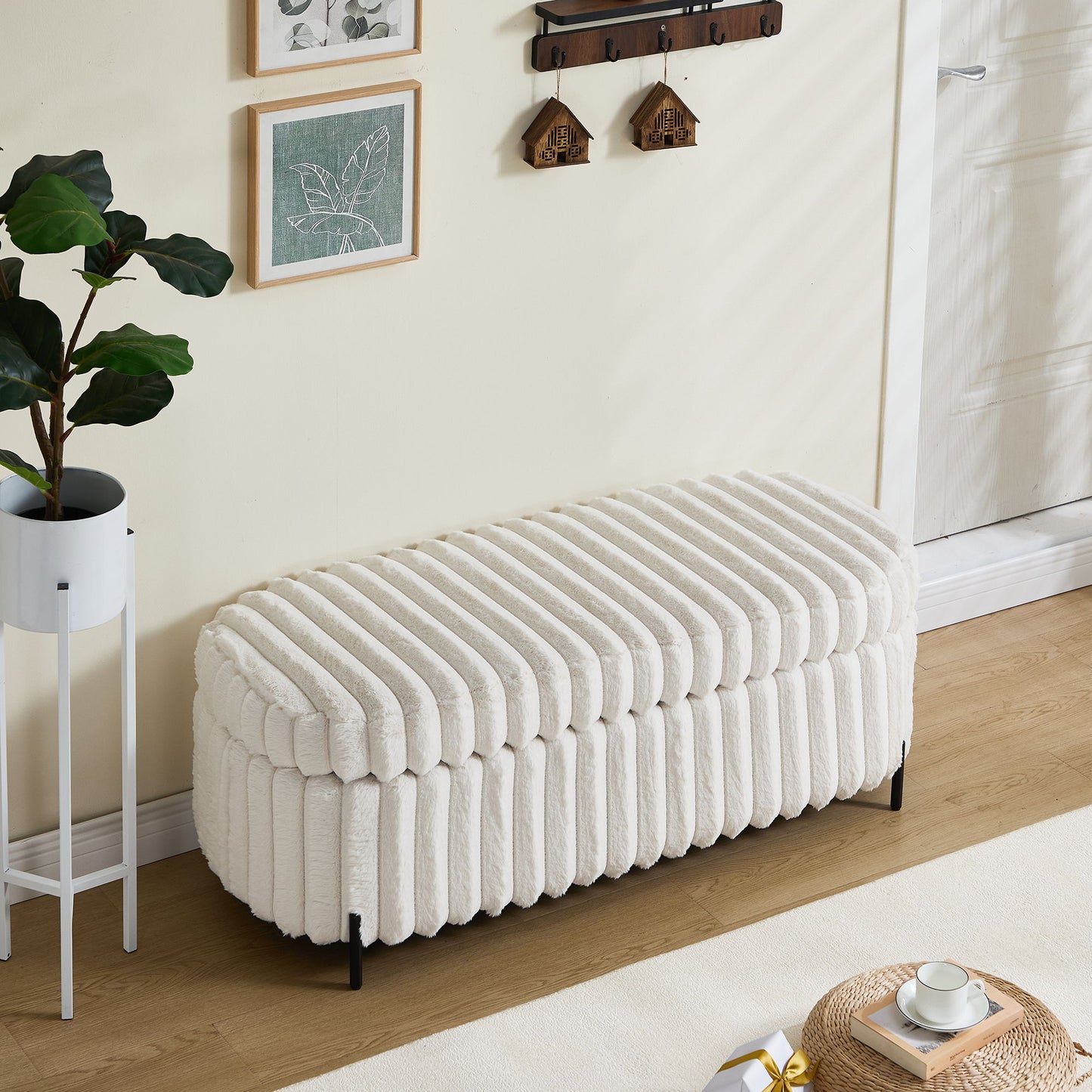 Faux Fur Flip Top Storage Bench With Metal Legs, Wide, Bed End Stool Foot Rest - Beige