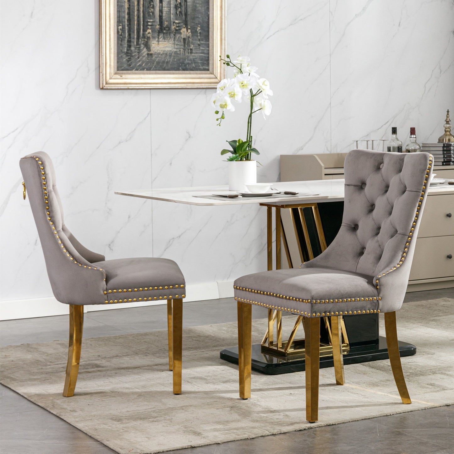 Nikki - Modern, High-End Tufted Solid Wood Contemporary Velvet Upholstered Dining Chair With Golden Stainless Steel Plating Legs, Nailhead Trim (Set of 2) - Gray / Gold