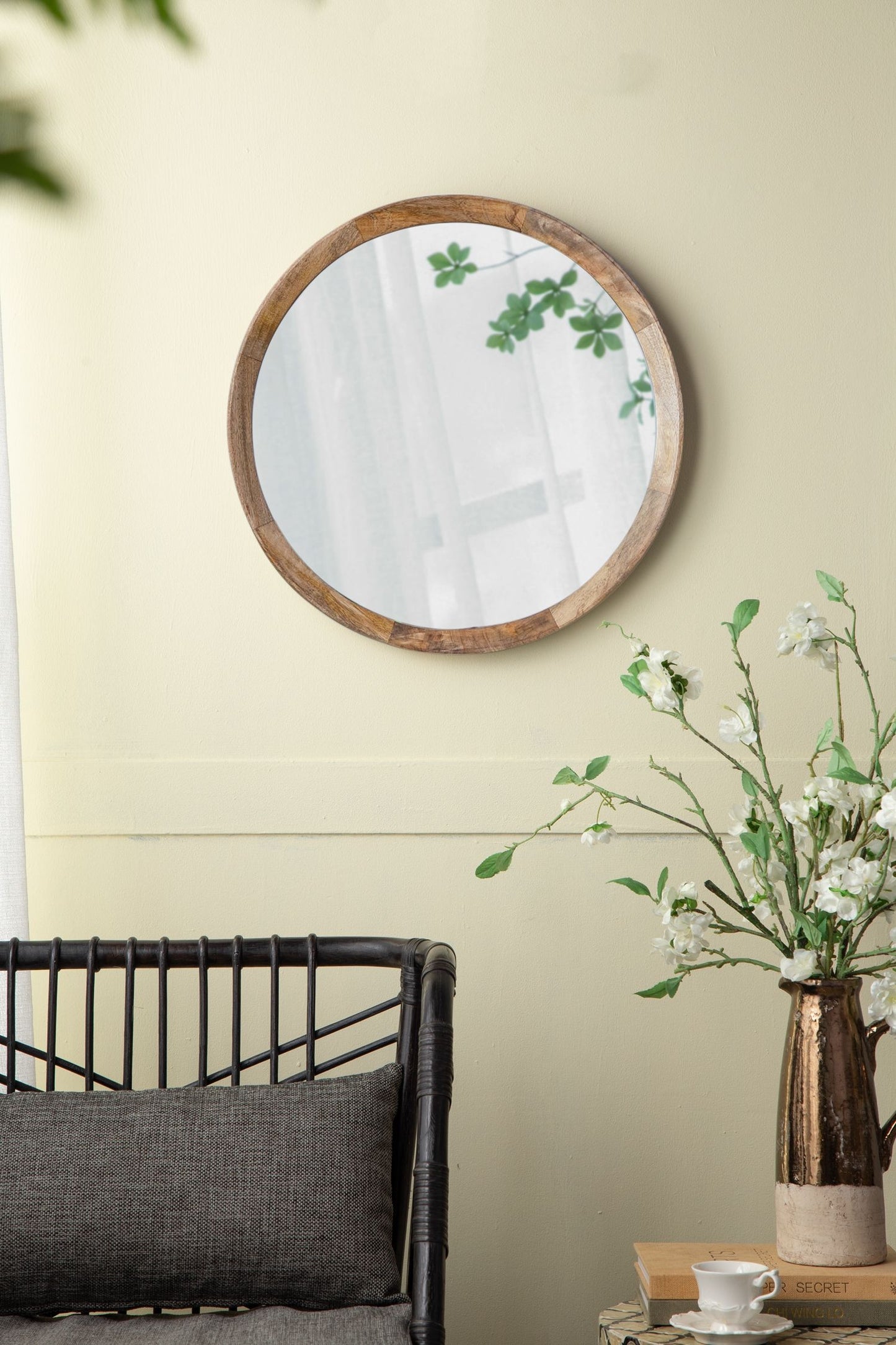 Transitional Decor Style Mango Wood Wall Mirror Wall Decor With Frame Of Solid Mango Wood For Bathroom, Entryway Console Lean Against Wall - Natural
