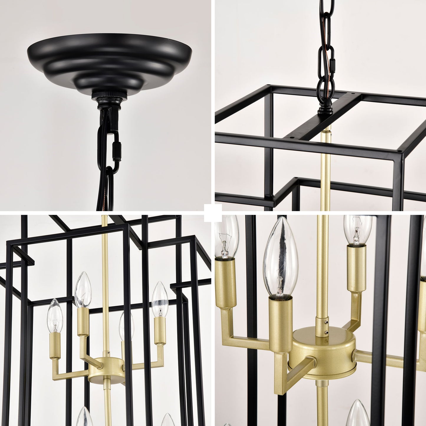 8 Light Metal Lantern Tiered Pendant Hanging Light Fixtures, Industrial Farmhouse Adjustable Height Chandeliers For Dining Room Hallway Foyer Entryway (E12 Bulbs Not Included) - Matte Black / Gold