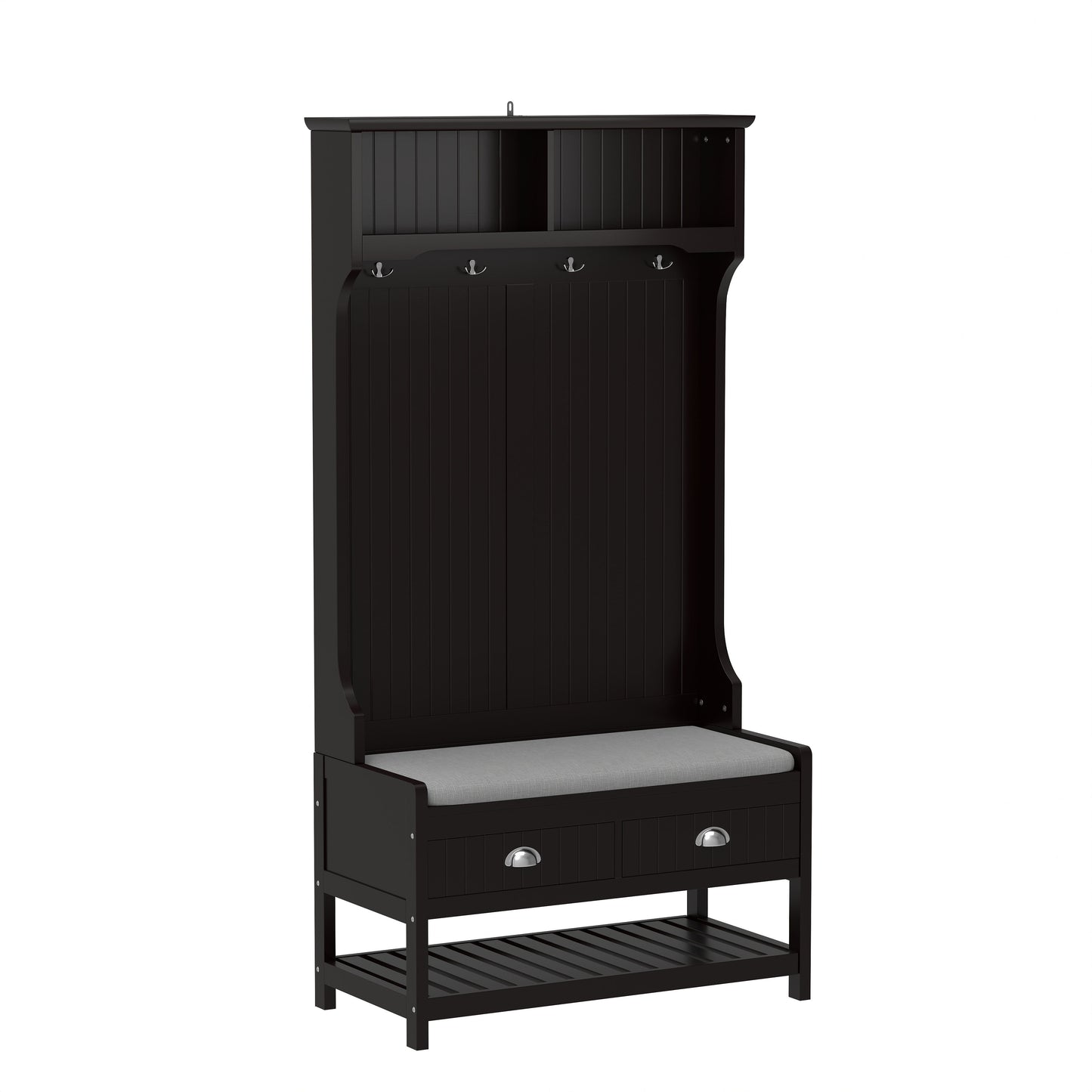 3 In 1 Wooden Hallway Hall Tree With Storage Drawers, Coat Rack, Shoe Rack Bench, And Cushion - Amber Graphite / Black