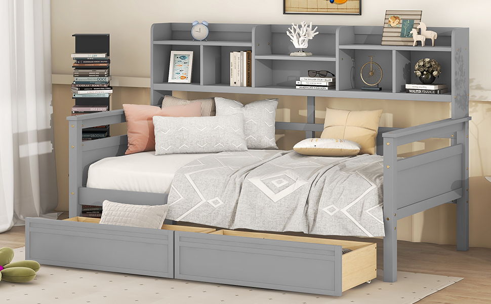 Twin Size Daybed, Slat Support, With Bedside Shelves And 2 Drawers - Gray