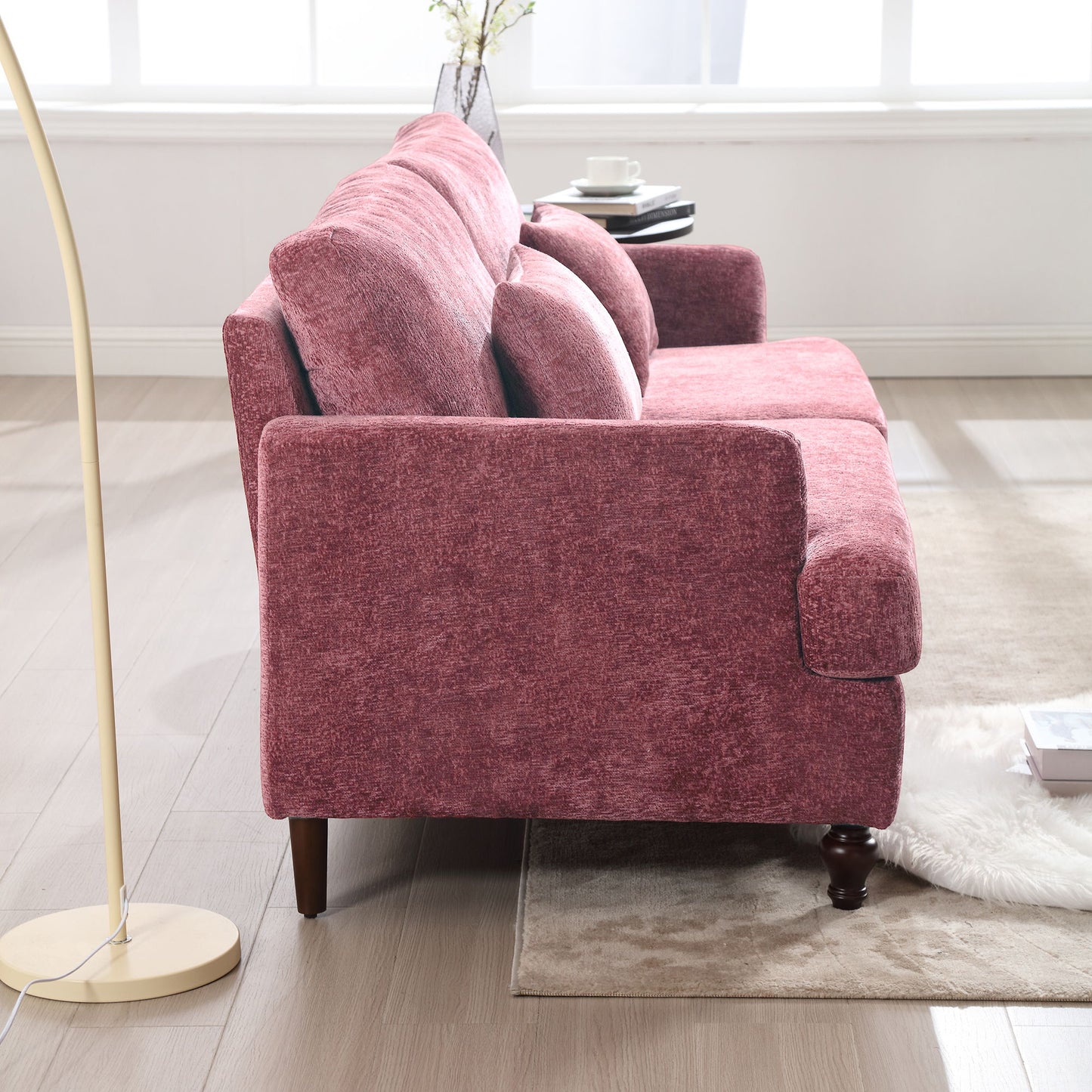 Mid Century Modern Chenille Fabric Loveseat Sofa, 2 Seat Upholstered Couch With Wood Feet - Wine Red