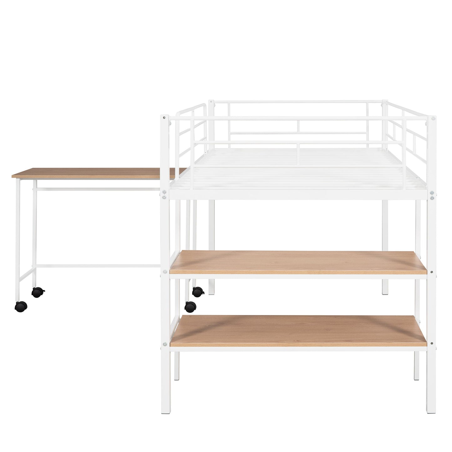 Twin Size Loft Bed With Desk And Shelves - White