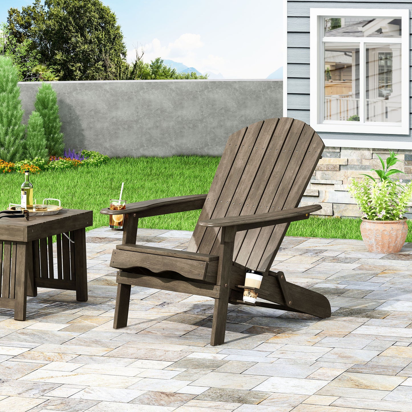 Zenithia - Outdoor Foldable Adirondack Chair With 2 Cup Holders - Gray