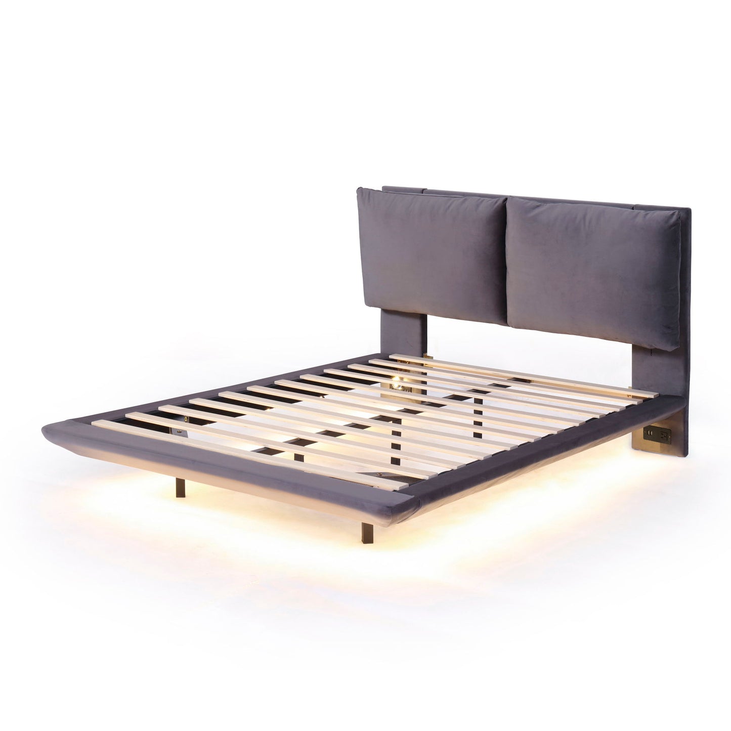 Full Size Upholstered Platform Bed With Sensor Light And 2 Large Backrests, Stylish Platform Bed With 2 Sets Of USB Port And Socket On Each Rear Bed Leg - Gray