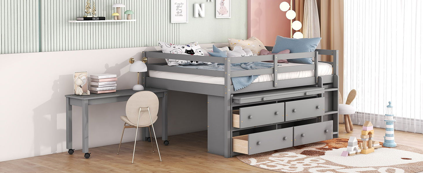 Full Size Loft Bed With Retractable Writing Desk And 4 Drawers, With Lateral Portable Desk And Shelves - Gray