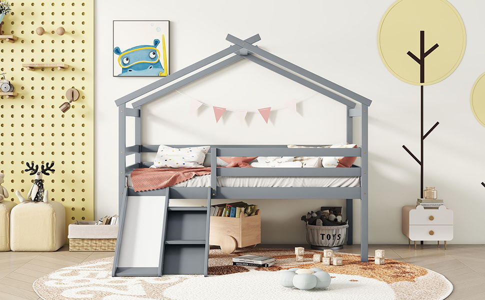 Twin Low Loft House Bed With Slide, Ladder, Safety Guardrails, House Roof Frame - Gray