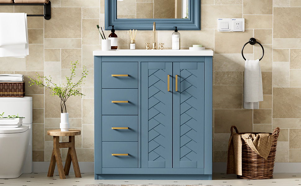 Bathroom Vanity With Ceramic Sink Combo, Frame Bathroom Storage Cabinet, Freestanding Vanity Set With 3 Drawers & Soft Closing Doors - Indigo