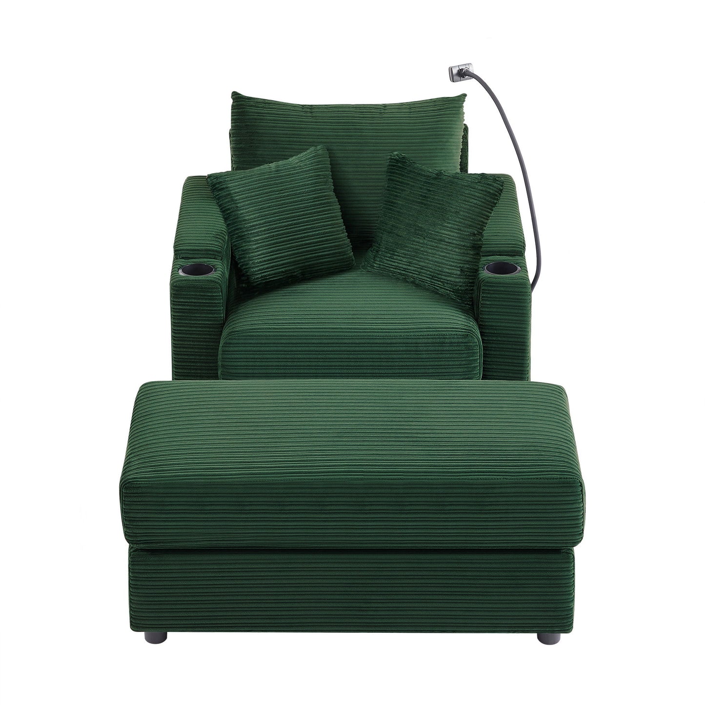 Modern Style Single Sofa Sofa Couch With Storage Space, A Movable Ottoman, Two USB Ports, Two Cup Holders, A Phone Holder For Living Room - Green