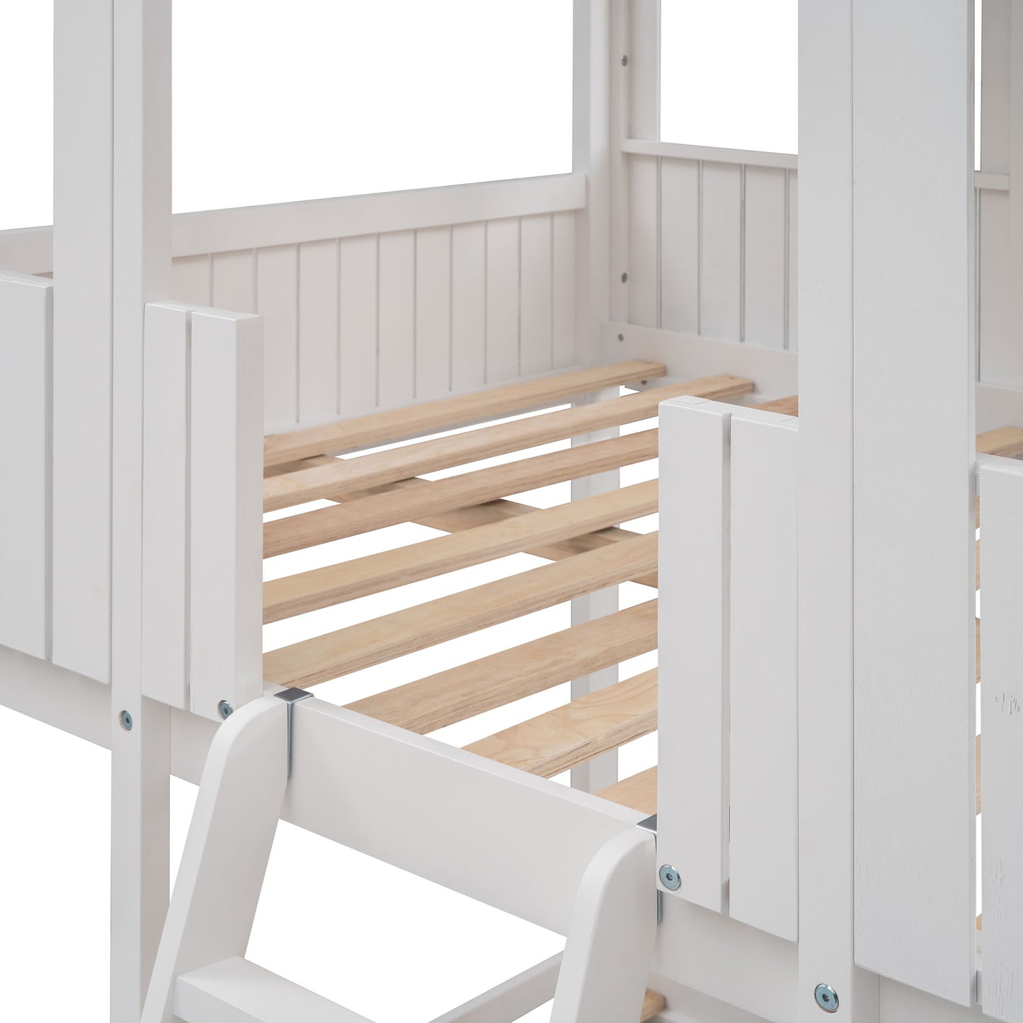 Full Over Full Bunk Bed With Roof, Window, Guardrail, Ladder - White