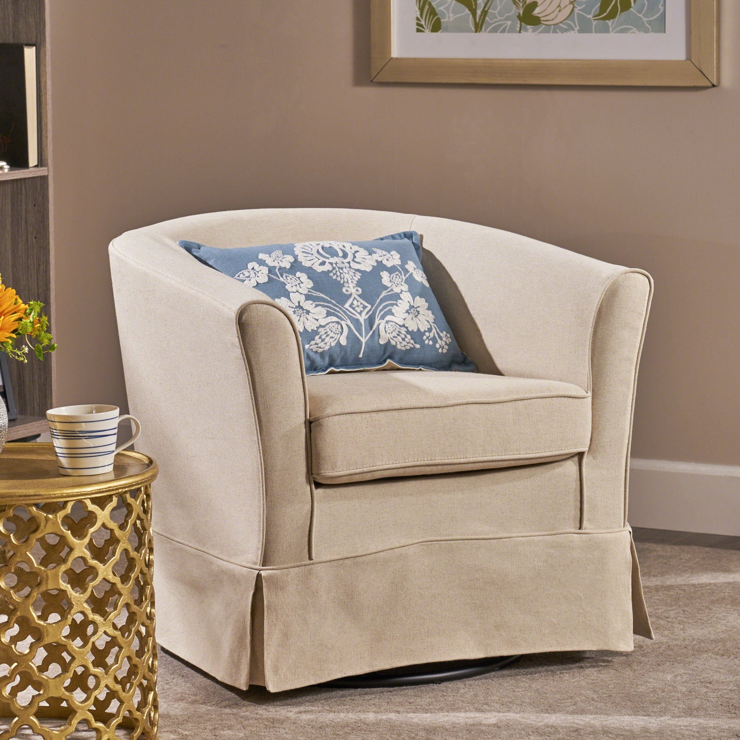 Glitter - Upholstered Swivel Chair With Loose Cover And Curved Back - Natural