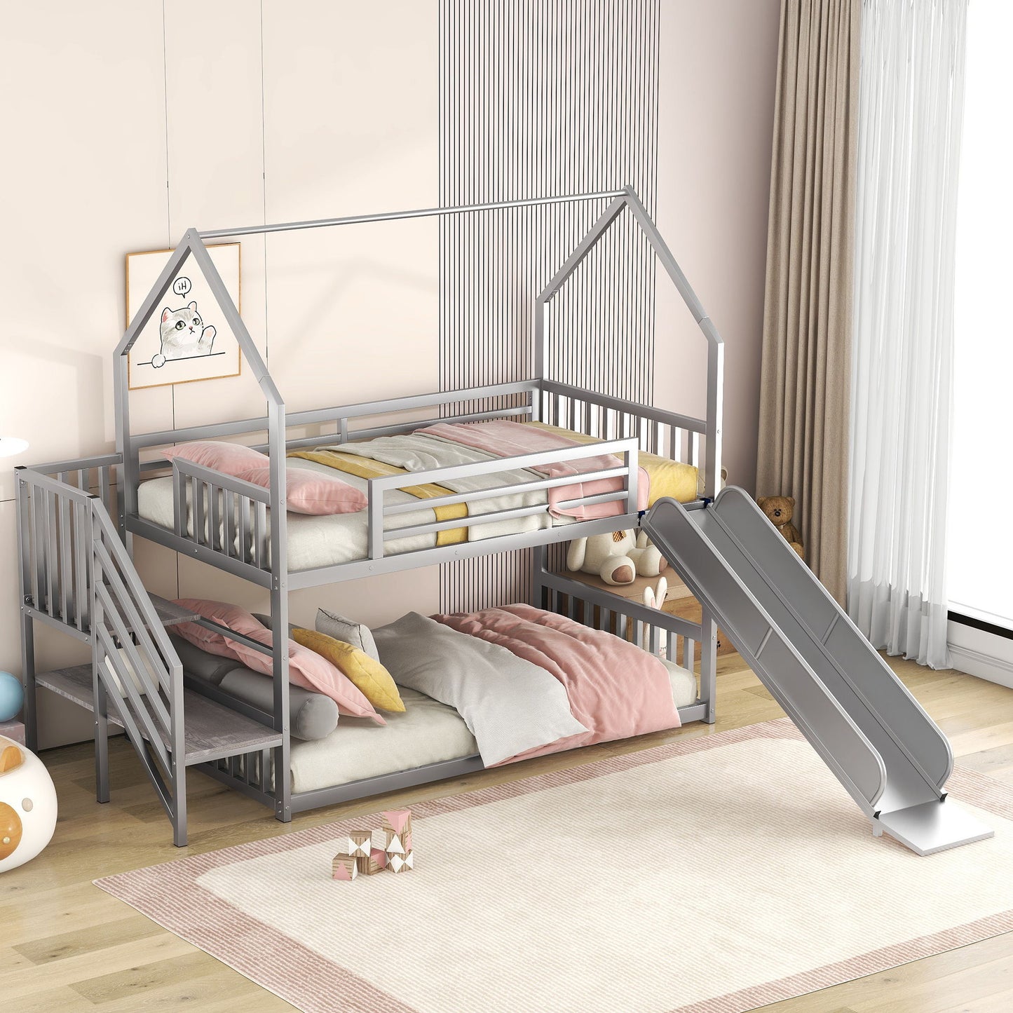 Twin Over Twin Metal Bunk Bed House Bed With Slide And Staircase - Silver