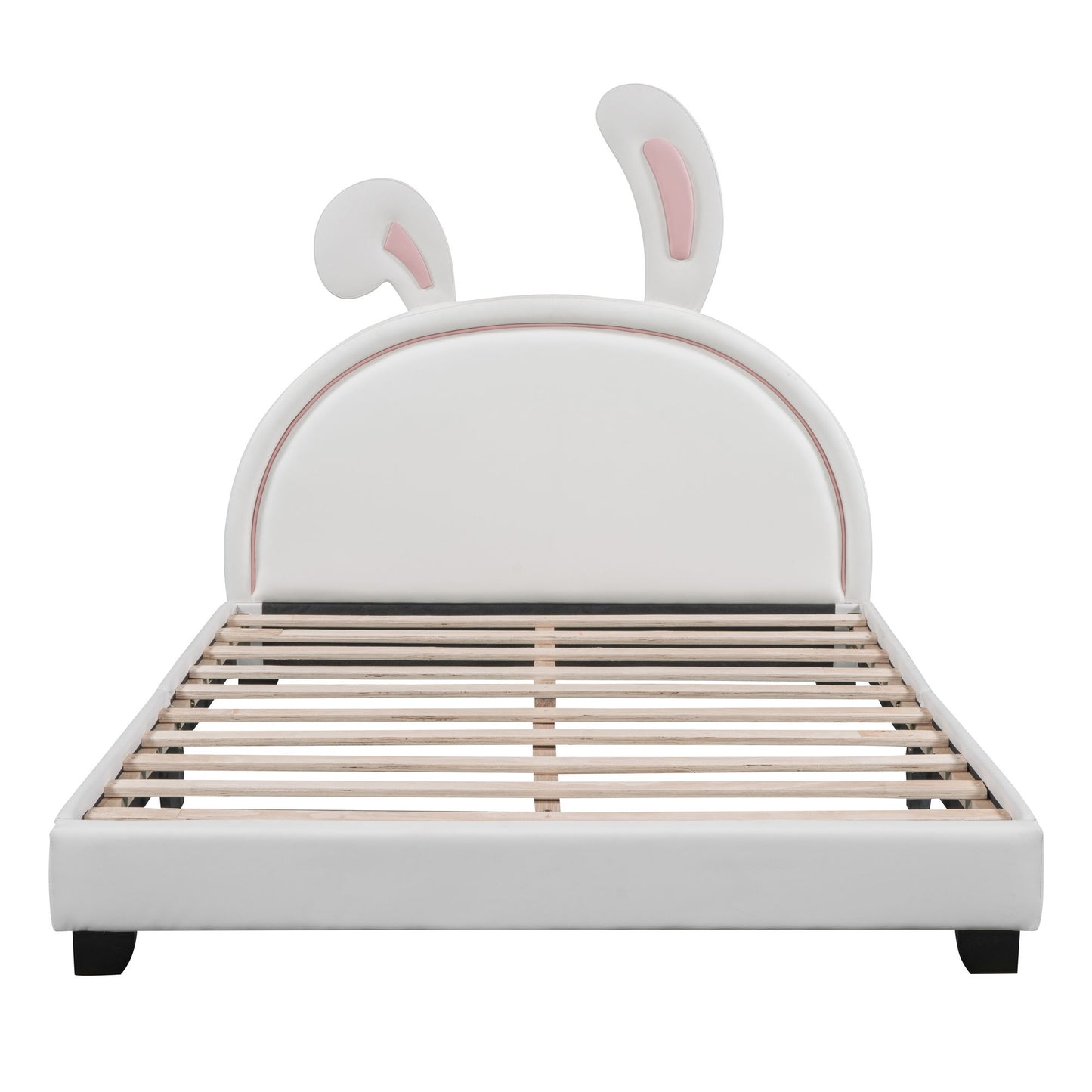 Full Size Upholstered Leather Platform Bed With Rabbit Ornament - White