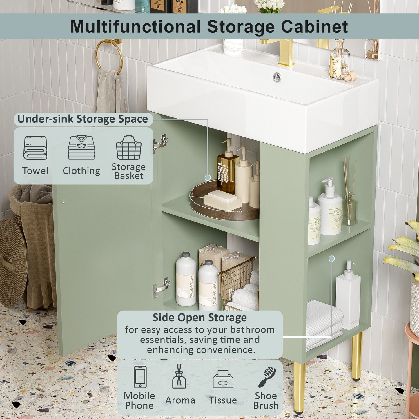 Bathroom Vanity, Combo Cabinet, Bathroom Storage Cabinet, Single Ceramic Sink, Right Side Storage - Green