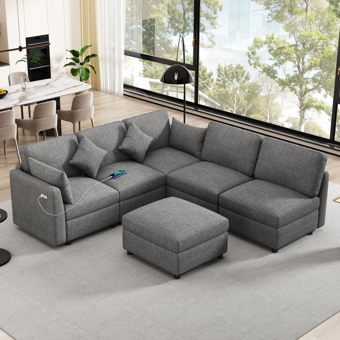 Sectional Sofa Modular Sofa U - Shaped Sofa Couch Sofa Bed L - Shaped Sofa With A Movable Ottoman And Two USB Ports For Living Room - Gray